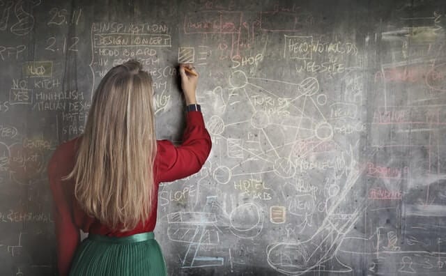 Sexy teacher writes on chalkboard